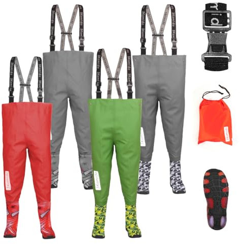 3Kamido Kinderwathose, Jugendliche Kinder Brust Wathose – NEUES Modelle SPIDER, verstellbare Taille, strapazierfähige Hosenträger, Schnalle Nexus, Kinder Angeln Stiefel 29/30 EU