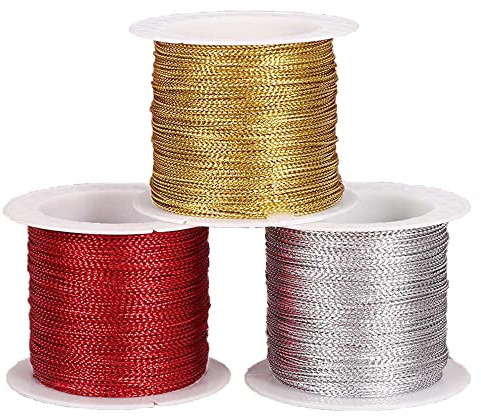 CENPEK 3 Rolls Metallic Cord Jewelry Thread Craft String Lift Cord, 1mm Metallic Jewellery Cord DIY Craft Supplies for Jewelry and Tinsel String Craft Making, Hand Embroidery, Crafts, Silver, Red,Gold