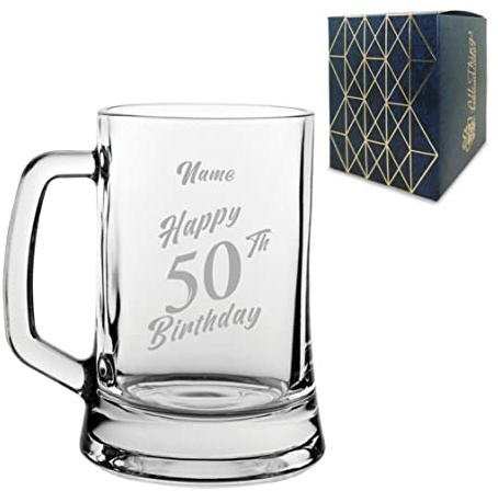 Personalised Engraved Tankard Beer Mug Stein Happy 50th Birthday Slanted Design Gift Boxed, 16.75oz/495ml Classic Beer Glass, Any Name, Engraved in The UK