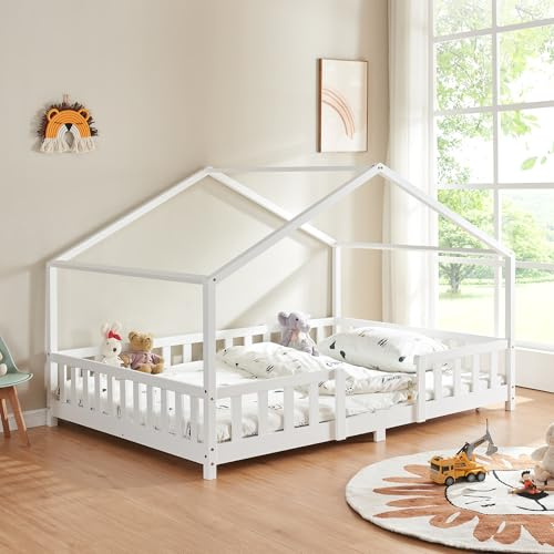 [en.casa] Bed for Children's Beds in the Shape of a House with Protection Barrier Bed for Children, Pine Wood Frame, 140 x 200 cm, White