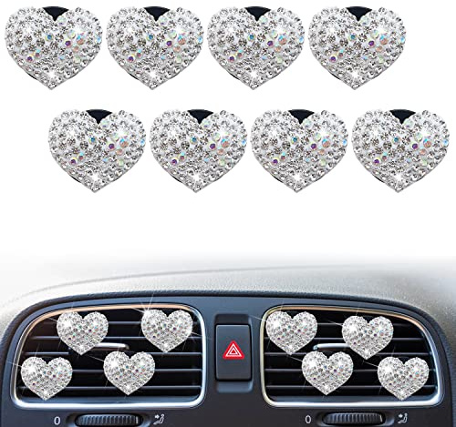 8 Stück Bling Heart Lüftungsschlitz-Clips, Kristall-Auto-Lufterfrischer, Diffusor mit Strass-Dekoration, niedliches Innenzubehör für Frauen und Mädchen (Silber)