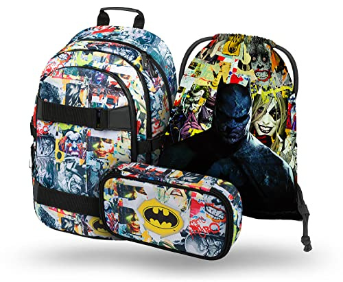 Baagl Schulrucksack Set Jungen Mädchen 3 Teilig, Schultasche ab 3. Klasse, Grundschule Ranzen mit Brustgurt, Ergonomischer Schulranzen (Batman Comics)