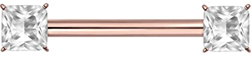 PIERCINGLINE Titan Barbell Nippelpiercing mit Gewinde EINGEFASSTES KRISTALL QUADRAT Roségoldfarben Piercing Stab Nippel Brust Intim Roségoldfarben