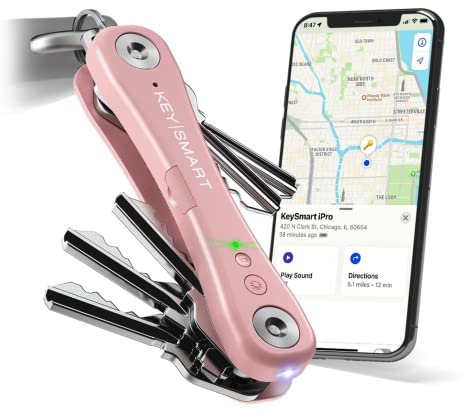 KeySmart iPro – Compatible avec Apple Find My App – Trouver Vos clés perdues – Porte-clés Compact avec Suivi et Lampe de Poche LED (jusqu'à 14 clés, Rose)