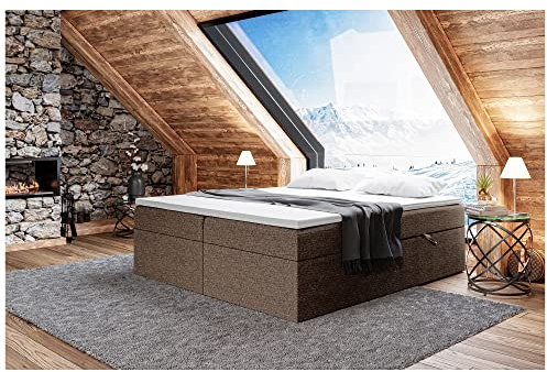 MEBLINI Boxspringbett mit Bettkasten - Gepolstert Doppelbett mit Matratze und Topper - Polsterbett mit Stauraum - Bett ohne Kopfteil - Stauraumbett - Lionel - 140x200 - H4/Braun Webstoff