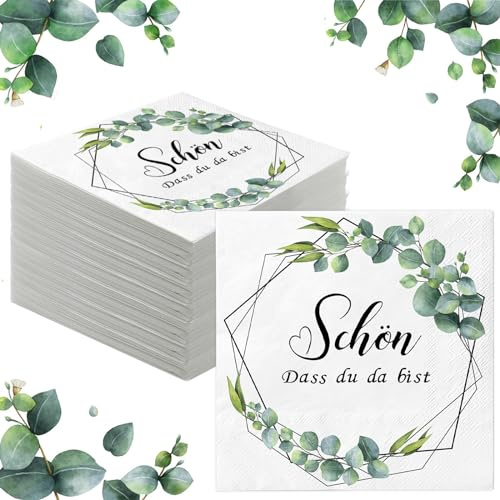 Servietten Eukalyptus Grün 40 Stück | Papierserviette Schön Dass Du Da Bist | Tischdeko für Hochzeit | Konfirmation | Babyparty Taufe | Vintage Einweg Napkins Tisch Dekorationen