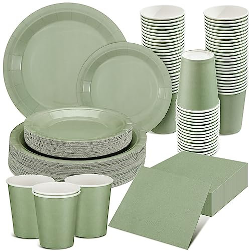 Dandat Salbeigrün Geschirr-Set, Salbeigrün, Partyzubehör, 50 Einwegteller, 50 Pappteller, 22,9 cm, 50 Pappbecher, 50 Servietten für Geburtstag, Babyparty, Hochzeit, Party, Salbeigrün