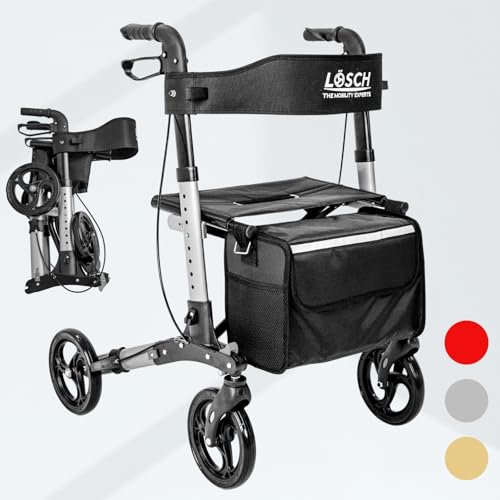 Lösch Reha Rollator „TABAS Mobility” I Indoor & Outdoor Rollator faltbar und leicht mit PU-Bereifung & Sitzoption I höhenverstellbarer Reise-Gehwagen mit Tasche & Stockhalter I Gehhilfe in Silber