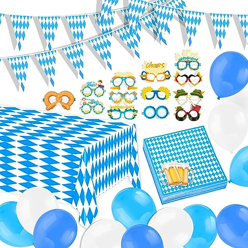 HOWAF Oktoberfest Deko Set - Bayrische Wiesn Deko mit 10M Girlande, Tischdecke, Partybrille, Servietten und Luftballons