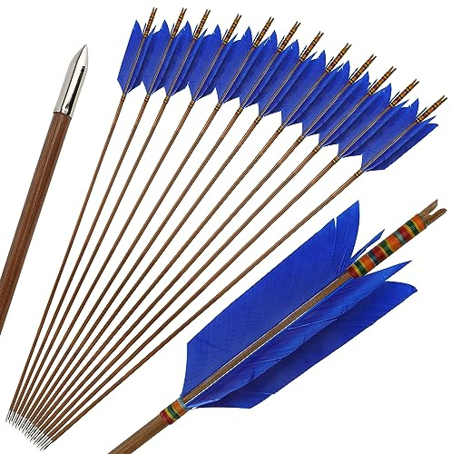 limaity 33Inch Bambuspfeile Traditionelle handgefertigte Bambuspfeile Jagdpfeile Bogenschießen Zielübung Bambuspfeile mit 4 Truthahnfeder für Recurvebogen Traditioneller Langbogen (12, Blau)