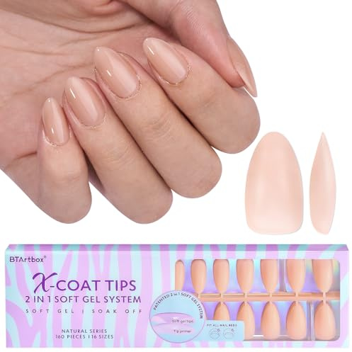 BTArtbox Short Almond Gel Nail Tips - XCOATTIPS Soft Gel Press On Nails, Nude false nails, Pre-applied Tip Primer Natural Full Cover Fake Nails for Nail Extensions