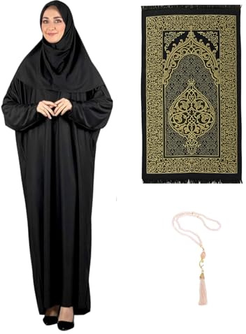 Prien Dam bönklänning med Hijab matta Tasbih muslimskt set islamiska kläder Abaya Jilbab Dubai Kaftan för Eid Ramadan, Svart, one size