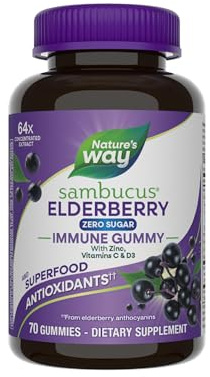 Nature's Way Sambucus Zero Sugar Immune Gummies, Daily Immune Support*, Black Elderberry Extract, Vitamin C, Vitamin D3, Zinc, Sugar Free, Sugar Alcohol Free, Plant-Based Sweeteners, 70 Gummies