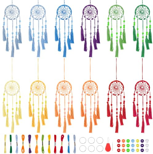INFUNLY 12 Sets Kleines Traumfänger-Set Boho-DIY-Mini-Herstellungsset Regenbogenfarben Handgefertigt Für Erwachsene Taschenanhänger Auto-Innenraum Rucksack-Anhänger