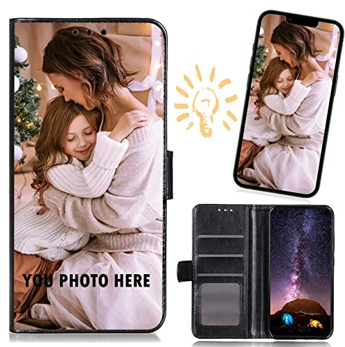 CAXKJE Lederhülle für Blackview Shark 8 Personalisierte Handy Hülle,mit Eigenem Foto Bild Text Individuelle Schutzhülle,Leder Flip Case Schutzhülle Stoßfest Bumper Hülle - Black