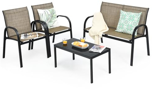 KOMFOTTEU Juego de Muebles de Jardín de 4 Piezas, Conjunto de Bistró con 2 Sillas, 1 Sofá y 1 Mesa de Centro, Muebles con Marco de Metal, Set de Conservación para Terraza, Piscina, Patio (Marrón)