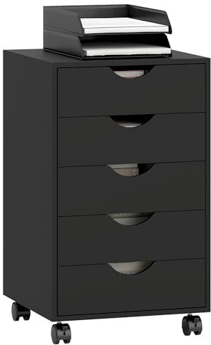 HOMCOM Rolling Filing Cabinet, Vertical File Cabinet, Wheels, Black | 2 Brakes, Printer Stand, 5 Drawers, for Study, Home Office