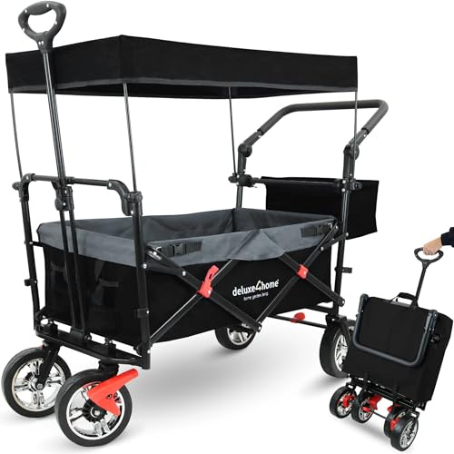 deluxe4home® Bollerwagen mit Dach Faltbar Schwarz I Handwagen Transportwagen bis 80 kg I Breite Reifen Trolley Bremsen I Robuster Wagen Kinderwagen Strandwagen
