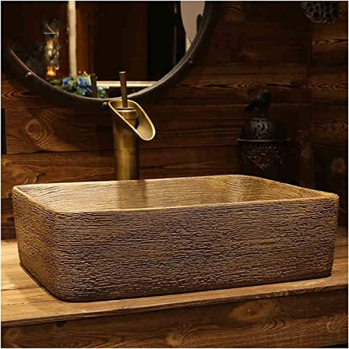 IBOWZ Lavabo en céramique 18,5 x 14,1 x5,5 po Rectangulaire Comptoir Vasque Lavabo Imitation Pierre Motif Lavabo Art Rétro Céramique Lavabo Fait Main, Simple Bassin (Null SingleBasin)