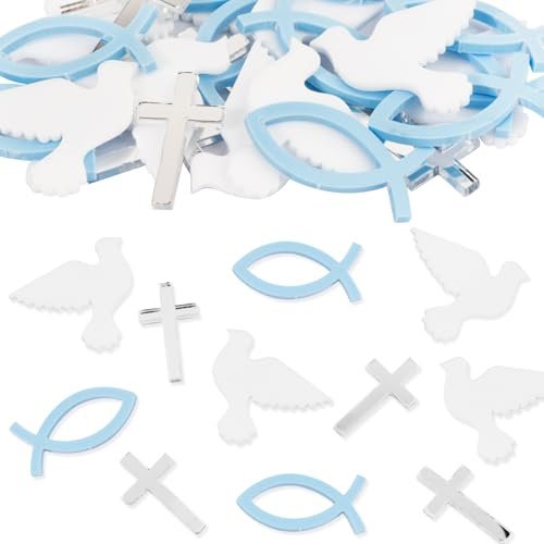 BOOMTOP 30pcs Streudeko Taufe Konfetti Acryl Fische Kreuz Taube Tischdeko Klein Kommunion Blau Silber Weiß Spiegeleffekt Kreuze Deko für Jungen Mädchen Konfirmation Firmung Erstkommunion Babyparty