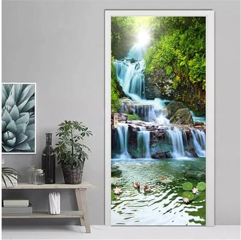 Türaufkleber Türtapete Türbilder Türposter Wald Wasserfall Fließendes Wasser Landschaft Tür Aufkleber Küche Wasserdichte Tapete 3D Wandbild Home Decor Aufkleber(95x215cm)
