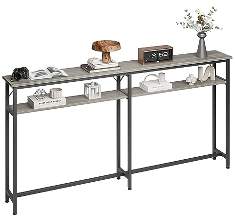 Mesa consola estrecha, 180 x 23 x 100 cm, 2 niveles, con espacio de almacenamiento, extra larga, mesa auxiliar gris para entrada, salón, color blanco nieve