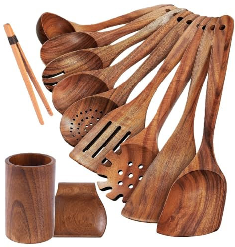 Set de 12 Utensilios de Cocina de Madera de Teca - Incluye Cazo, Espátulas, Cucharas, Pinzas, Bote de madera y Soporte para Cucharas - Resistente, Elegante y Completo - Ideal para Cocinar y Servir