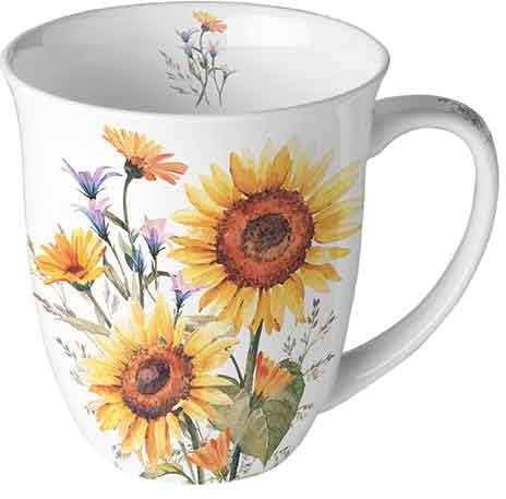 Ambiente Porzellan Tasse ca. 400ml Becher Bone China Mug Für Tee Oder Kaffee Herbst Winter Weihnachten Sunflowers