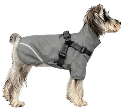 BT Bear Regenmantel für kleine Hunde, Hunderegenjacke mit Geschirr, reflektierend, wasserdicht, Grau, S