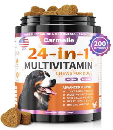 Carmelie 24 in 1 Dog Multivitamin Supplements - 200 Chewable - Senior Puppy Natural Dog Vitamins and Supplements - Hip & Joint Support, Gut & Skin Health, Immune Health, Mobility, Digestive (Chicken)