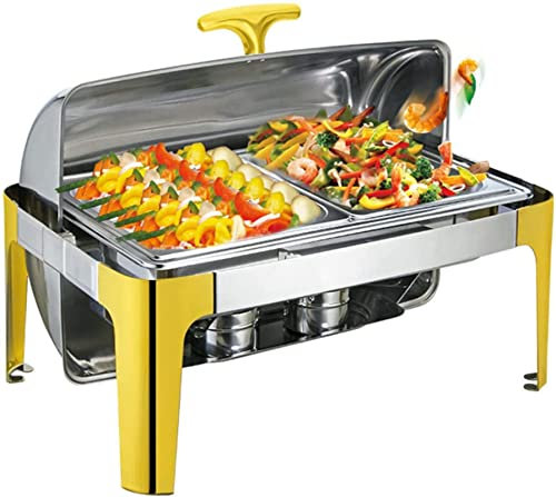 UKLULUAMZ Stainless Steel Chafing Dish,Commercial Gold Plated Buffet Server Warming Tray with 180° Flip Cover & Fuel Holders, for Dining Party