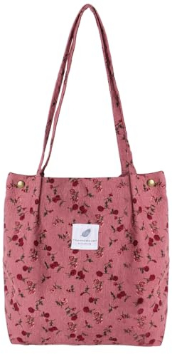 ICKEYOU Große Cord Schultertasche Damen, Leichte Shopper Tasche mit Innentasche, Stoff Umhängetasche für Alltag Uni Arbeit Reisen Einkaufen, Rosenrote Blumen（Rosenrote Blumen）