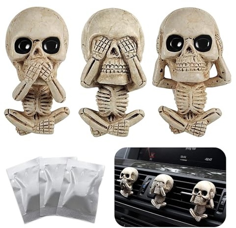 ZYEKIU 3 PCS Diffuseur De Voiture Résine Squelette Clip de Ventilation Diffuseur de Voiture Crâne Voitures Skull Désodorisant avec 3 Comprimés d'Aromathérapie pour Voitures, Climatiseur, Bureau