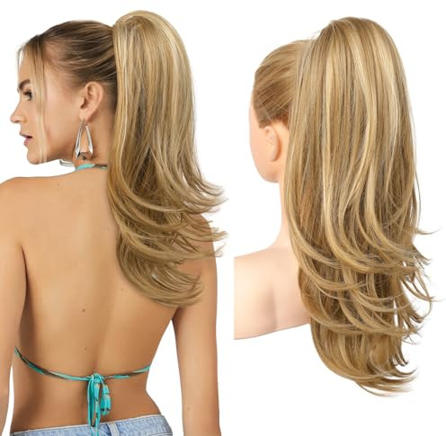 Flufymooz Ponytail Extension, 50 cm Pferdeschwanz Haarverlängerung mit Kordelzug für Frauen weiches, natürlich aussehendes synthetisches Pferdeschwanz Haarteil-Dunkel Blond mit Strähnchen