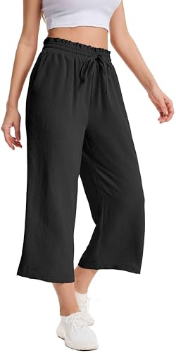 WUWUSKY Pantaloni Donna 7/8 Estivi Pantalone Elastici in Vita Alta Casual Gamba Larga Leggeri Palazzo Pants Comodi con Tasche, 01 Nero, XL