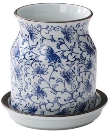 WAIT FLY Blue and White Ceramic Kitchen Utensil Holder with Bottom-5.5 Inch