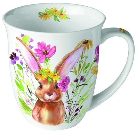 Ambiente Tasse à thé - Tasse à café - 0,4 l - Pâques - Lapin - Fleurs - Herbes - Porcelaine fine - Série girl bunny