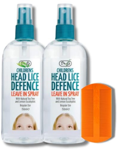 Dr J's Children's Head Lice Defence Leave in Spray 150ml (2 Pack) + Premium Nit Comb | Natural Tea Tree & Lemon Eucalyptus | Daily Lice Prevention & Hair Care | Colours May Vary | Headlice Prevention