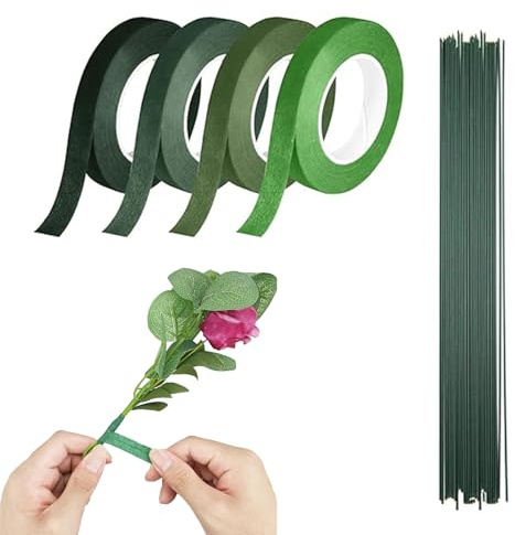 Florist Tape 4 Rolls – Floral Tape & Florist Wire Set, 12mm Wide Flower Tape for Bouquet Stems, Green Floral Tape for Wrapping Flowers, Wedding Bouquets, Corsages, DIY Crafts, 30 Yards/Roll
