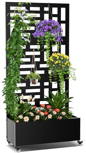 Baotree Metal Planter Box with Trellis, 71x 35x 16 Raised Garden Bed with Trellis & Wheels, Privacy Planters for Patio, Planter Box with Drainage Holes for Climbing Plants, Flower, Vegetable