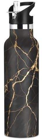 Black Marble Gold Fluid Marble Water Bottle Stainless Steel Drink Flask with Straw Cap Insulated Bottle for Boys Girls Sports 20 oz (600 ml)