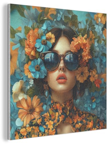 MuchoWow© Wandbilder aus Filz Wohnzimmer Wanddeko Schlafzimmer Zimmerdeko | 40x40 cm - Wandgemälde Zimmer Deko für die Wand Dekoration Wall Art Frau - Orange - Blumen - Blau - Modern