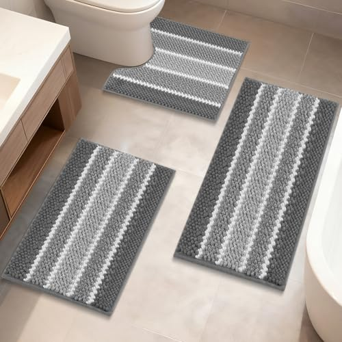 ArtyCozy Chenille Bathroom Rugs 3 Pieces, Extra Thick Absorbent Non Slip Bath Mats with U-Shaped Toilet Rug, Soft Plush Bath Floor Mat Machine Washable, Grey, 17x24 Plus 20x32 Plus 20x24