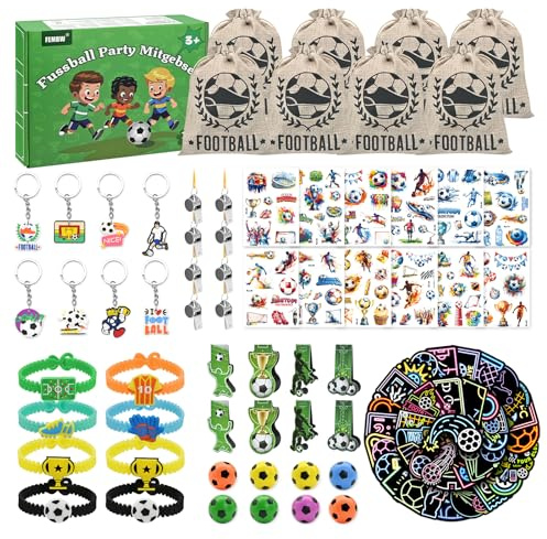 FEMBW Fussball Mitgebsel Jungen 110 Stück Kindergeburtstag Gastgeschenke Fußball Party Deko Mitgebsel Kinder mit Jutebeutel mit Kordelzug Trillerpfeife Armband Schlüsselanhänger Lesezeichen