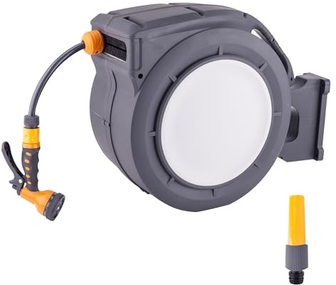 Avvolgitubo per montaggio a parete, 20 m, avvolgitubo girevole a 180°, irrigazione flessibile con soffione multiplo e tubo di collegamento
