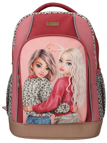 Depesche 13641 TOPModel Leoheart - Schulrucksack in Rot und Rosa, mit Model Motiv und Leo-Print, Schultasche mit verstellbaren Trägern
