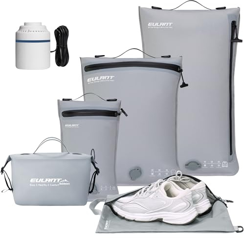 EULANT Kompressions Packwürfel Set 5 für Koffer,3 Vakuumbeutel + 1 Schuh Tasche + 1 Wasserdichte Kulturtasche, Reisepack Organizer für Handgepäck, IPX8 Reißverschluss & Ultraleicht