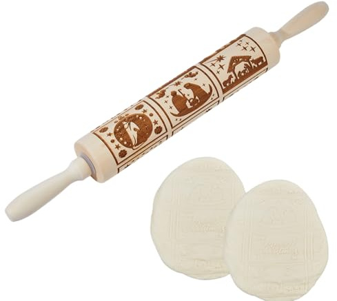 DICOSMETIC Mattarello natalizio in legno goffrato, 41,7 cm, rullo per impasto, strumento decorativo per la cucina, per cuocere biscotti in rilievo, pasticcini, cialde (motivo Merry Christmas)