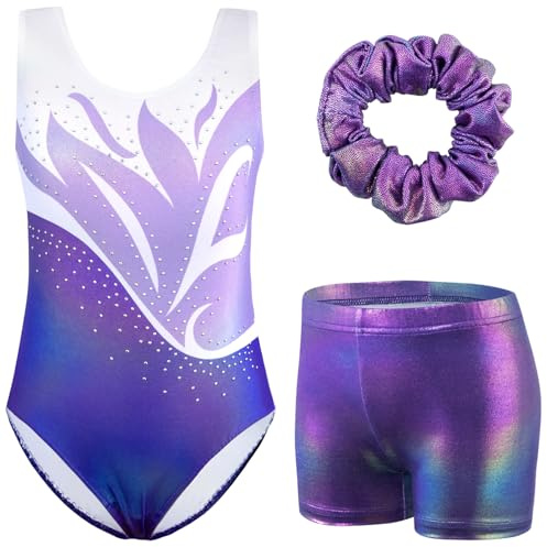 XiaoMoSha Girls 3 Piece Gymnastics Leotards Set with Shorts and Hairband Sleeveless Sparkly Dance Gymnastics Athletic Outfits for Ballet, 7-8 Years, WhitePurple
