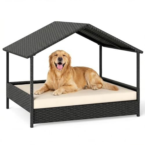 GYMAX Lit pour Chien Surélevé Extérieur avec Coussin, Panier pour Chien en Rotin PE avec Toit en Pente, Cadre en Métal Robuste, Bonne Ventilation, Abri Chiot 98 x 68 x 74 cm (Beige)